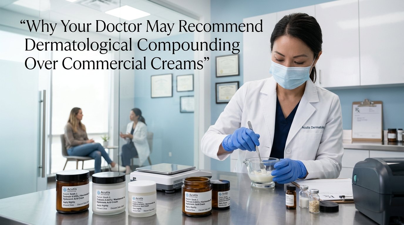 Dermatological Compounding pharmacist preparing a custom skincare cream in a modern dermatology clinic while discussing personalized treatment options over commercial creams, with labeled compound jars and medical equipment visible on the counter.