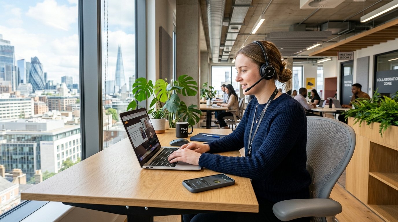Modern business desk setup using an internet connected IP desk phone for workplace communication.