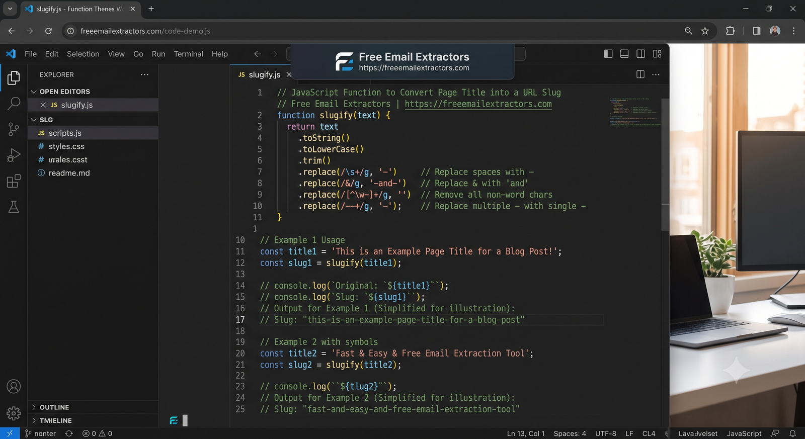 JavaScript code editor showing a custom slugify function to convert page titles into clean URL slugs, branded for Free Email Extractors.